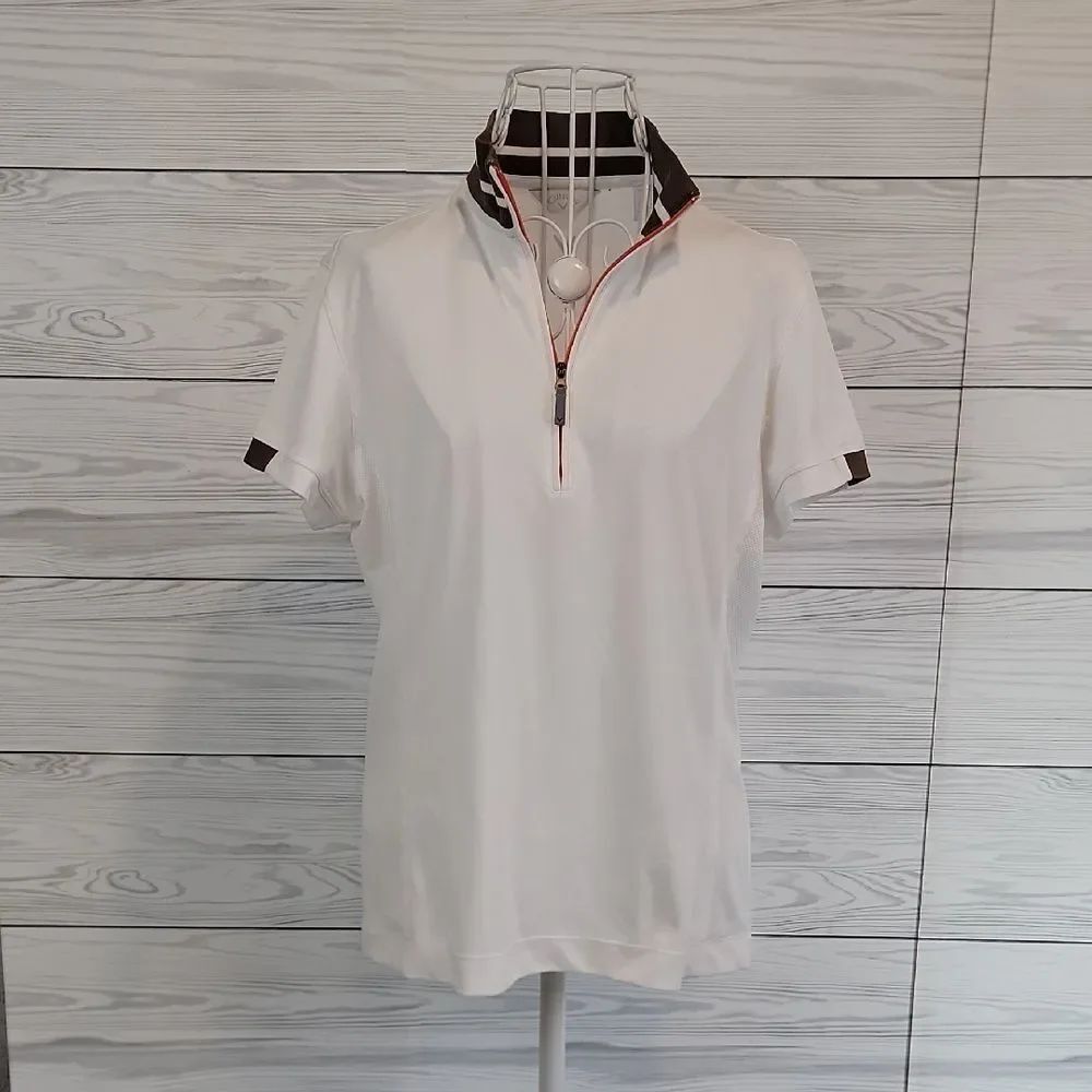 Callaway Golf White Polo Shirt with Brown Trim Womens Size M
